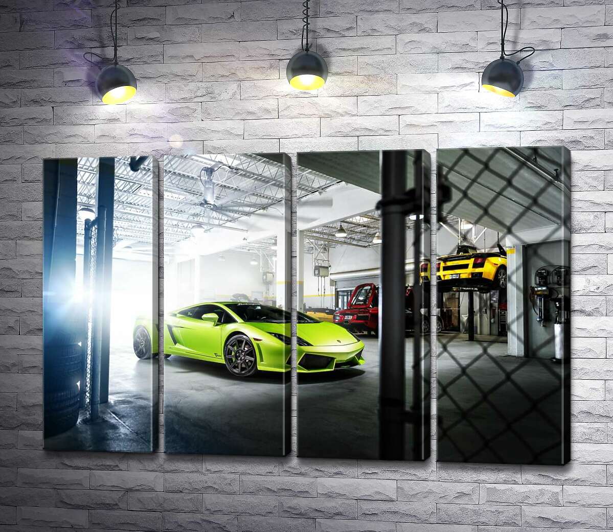 модульная картина Яркий зеленый Ламборгини (Lamborghini Gallardo) стоит в тени гаража (Модуль №24)