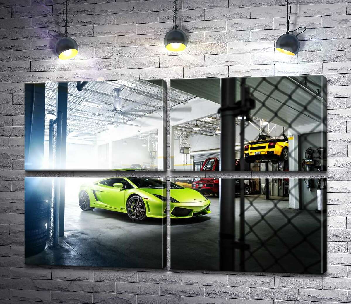 модульна картина Яскравий зелений Ламборгіні (Lamborghini Gallardo) стоїть в тіні гаража (Модуль №25)