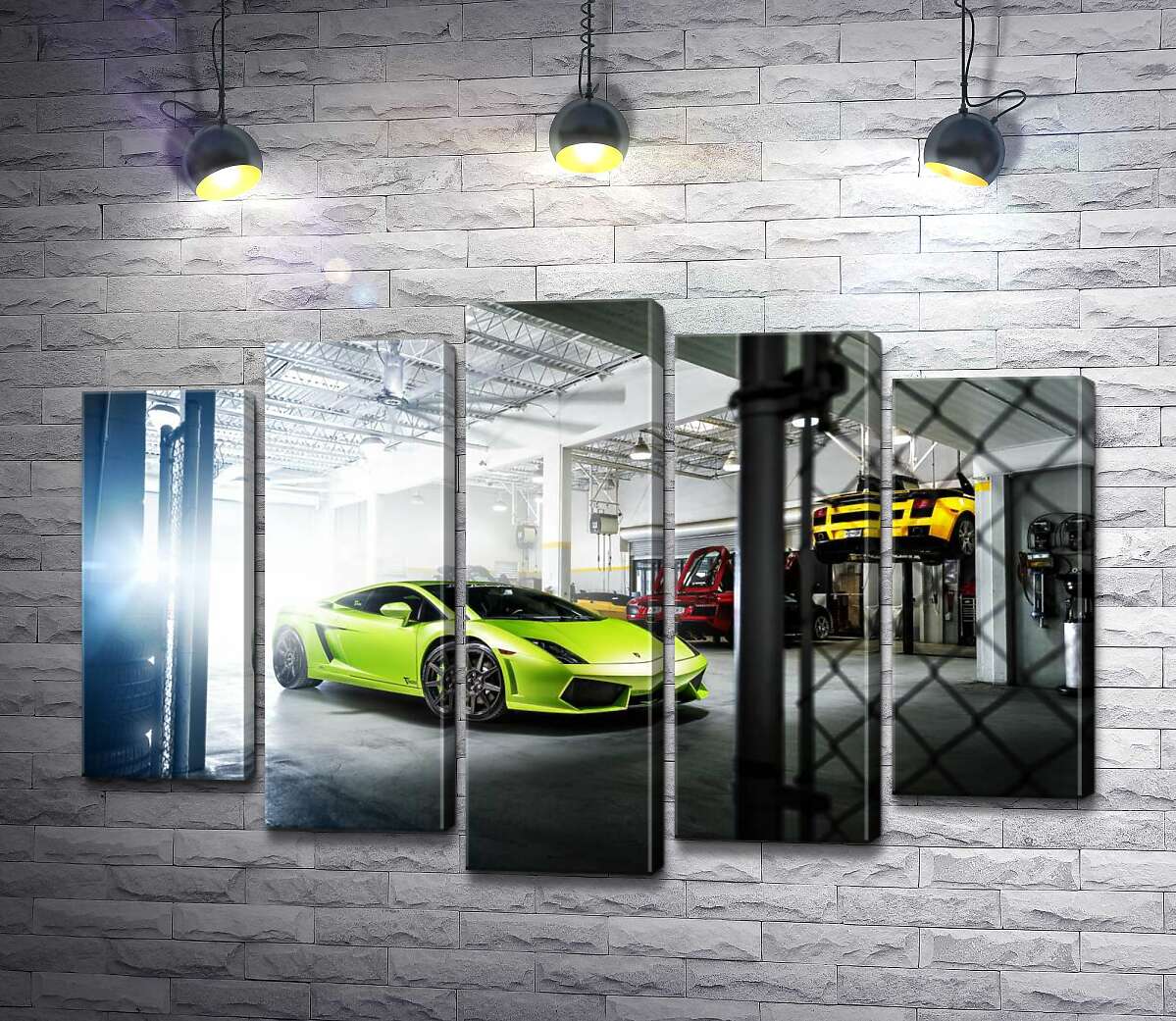 модульна картина Яскравий зелений Ламборгіні (Lamborghini Gallardo) стоїть в тіні гаража (Модуль №4)