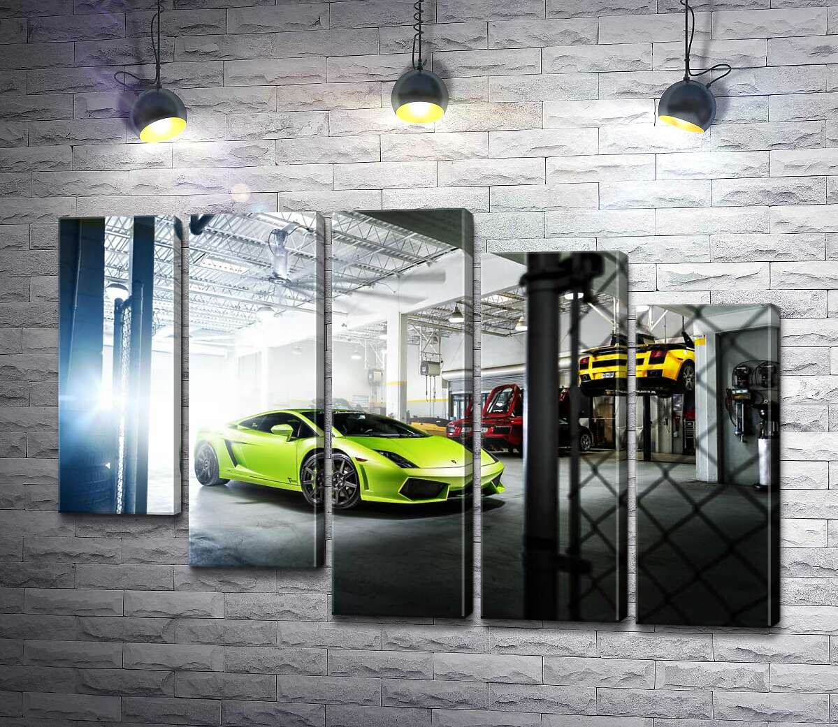 модульная картина Яркий зеленый Ламборгини (Lamborghini Gallardo) стоит в тени гаража (Модуль №28)