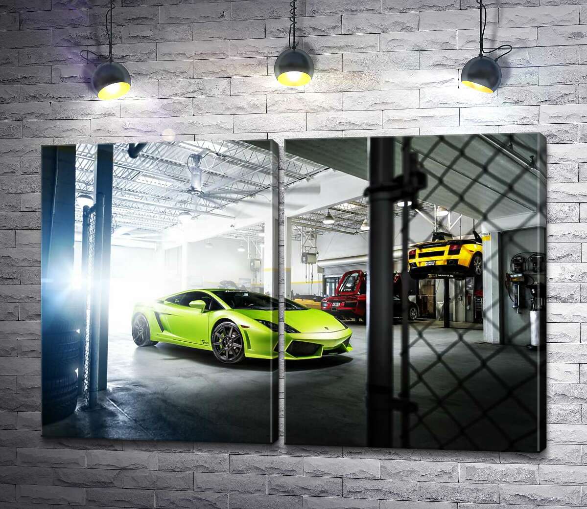 модульна картина Яскравий зелений Ламборгіні (Lamborghini Gallardo) стоїть в тіні гаража (Модуль №6)