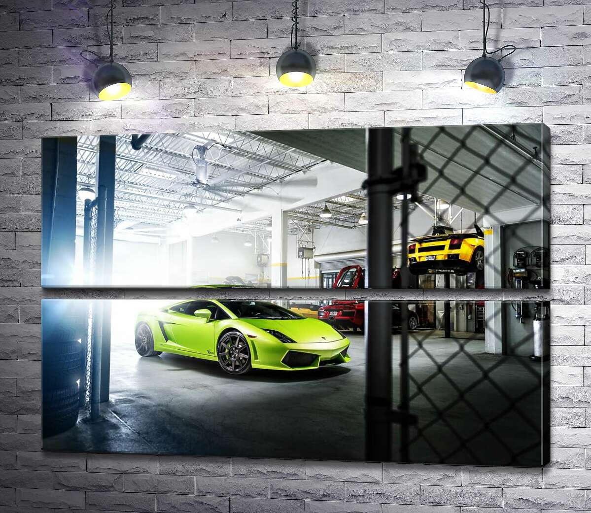 модульна картина Яскравий зелений Ламборгіні (Lamborghini Gallardo) стоїть в тіні гаража (Модуль №7)