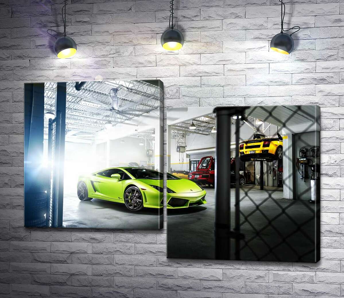 модульна картина Яскравий зелений Ламборгіні (Lamborghini Gallardo) стоїть в тіні гаража (Модуль №9)