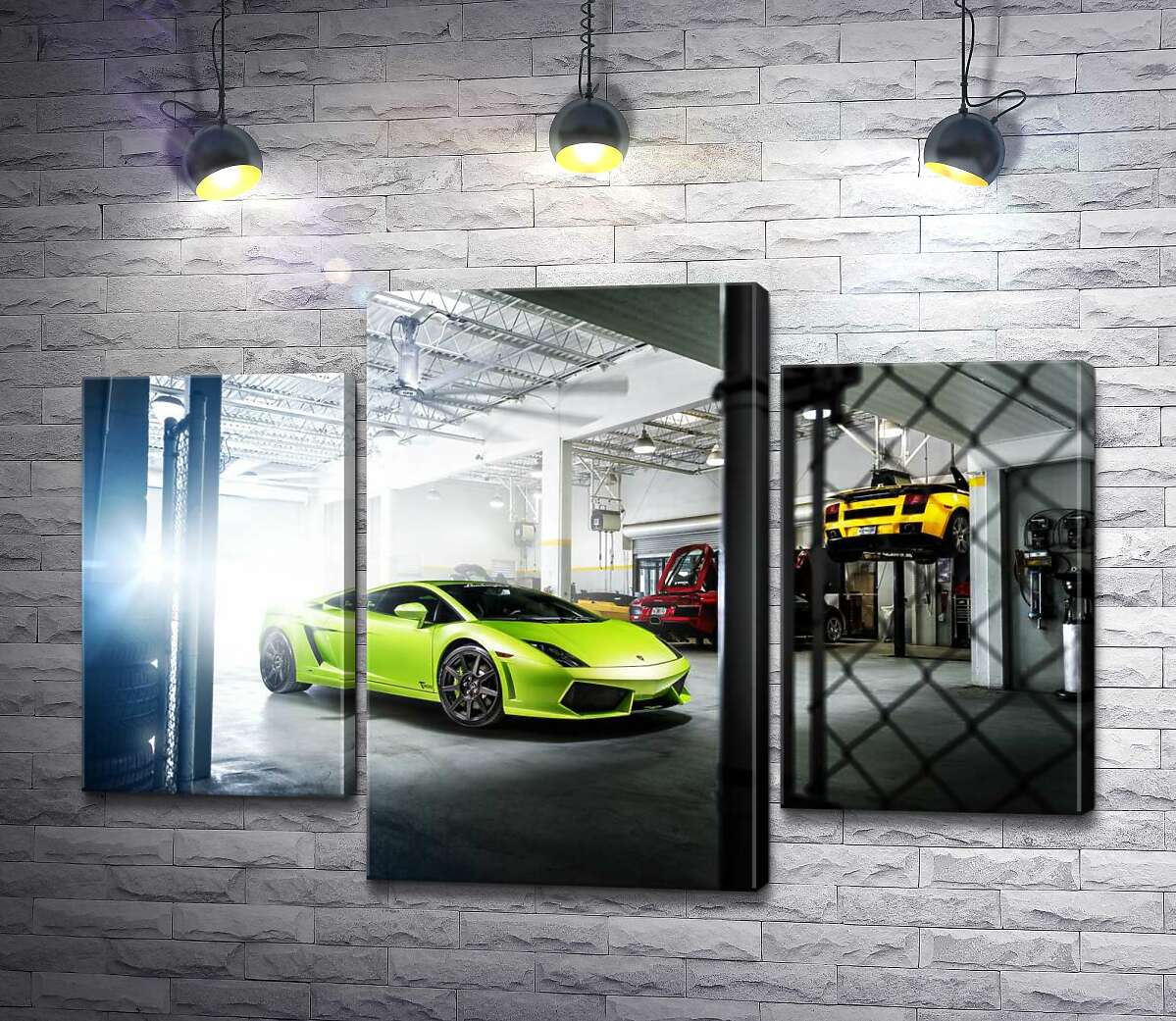модульная картина Яркий зеленый Ламборгини (Lamborghini Gallardo) стоит в тени гаража (Модуль №10)