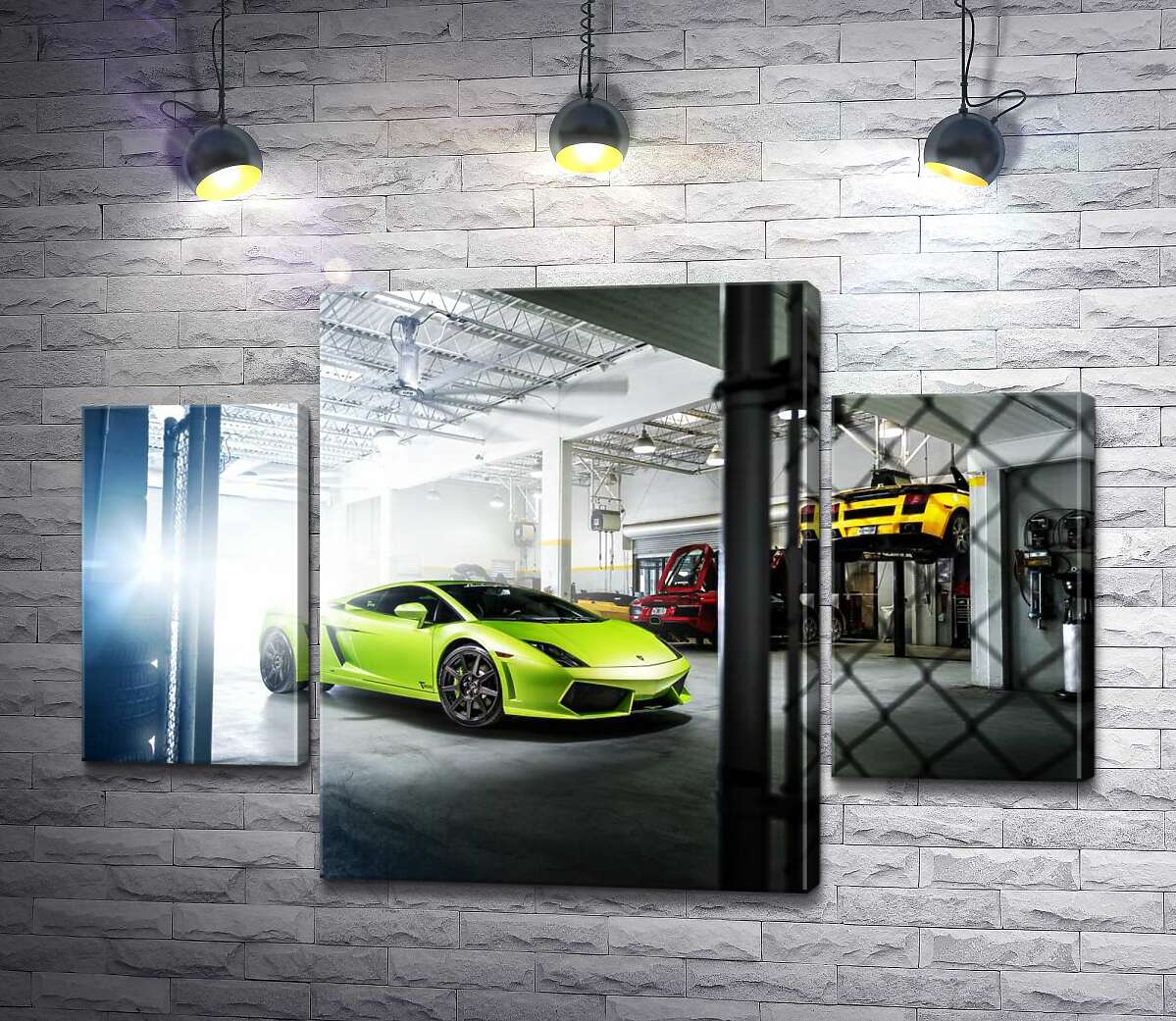 модульная картина Яркий зеленый Ламборгини (Lamborghini Gallardo) стоит в тени гаража (Модуль №5)