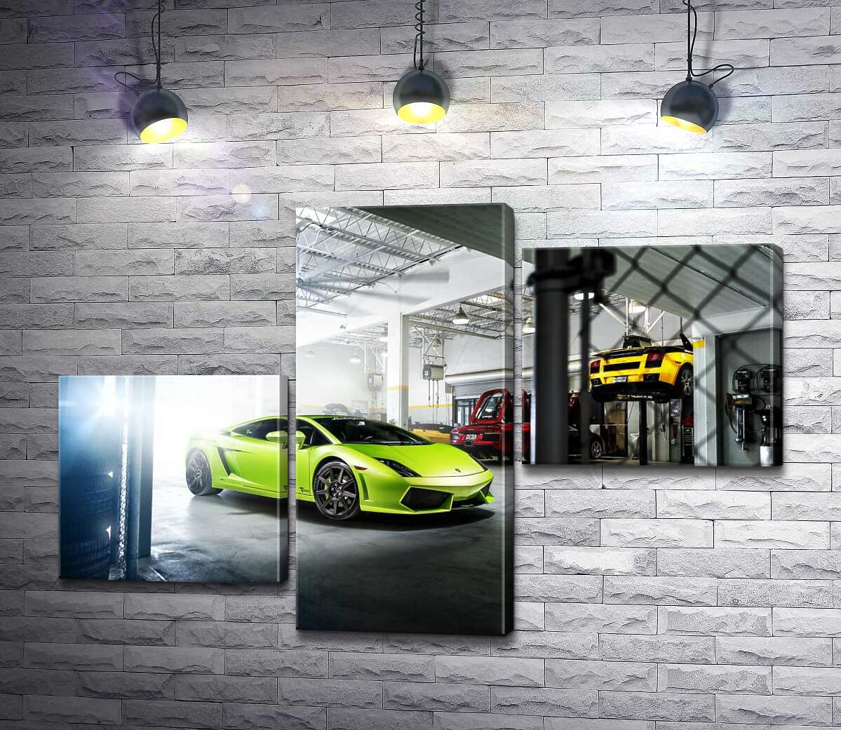 модульная картина Яркий зеленый Ламборгини (Lamborghini Gallardo) стоит в тени гаража (Модуль №12)