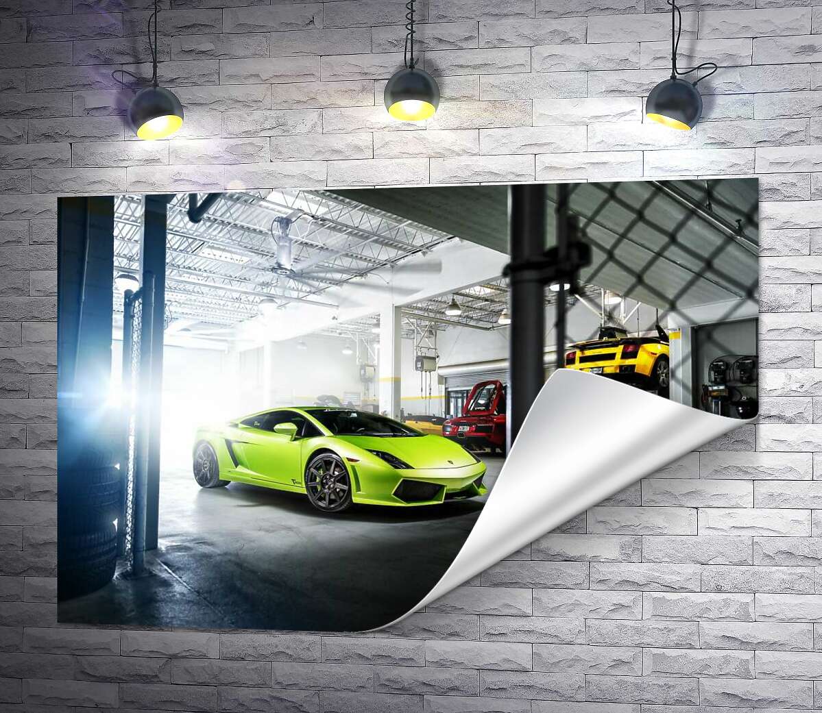 печать Яркий зеленый Ламборгини (Lamborghini Gallardo) стоит в тени гаража