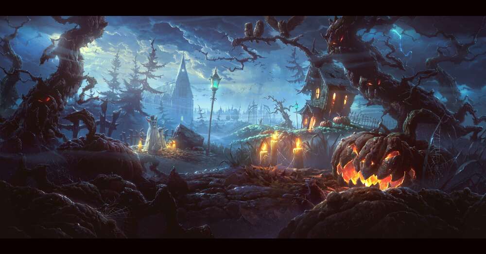 картина-постер Жуткая атмосфера Хэллоуина (Halloween): злая тыква, среди деревьев-монстров на могилах за старым поместьем