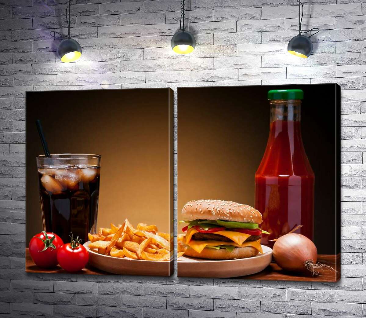 модульная картина Бургер, картофель-фри и кетчуп с холодной Кока-колой (Coca-cola)