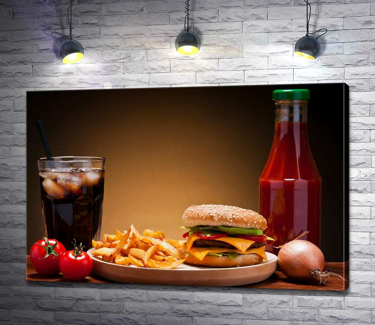 картина Бургер, картофель-фри и кетчуп с холодной Кока-колой (Coca-cola)