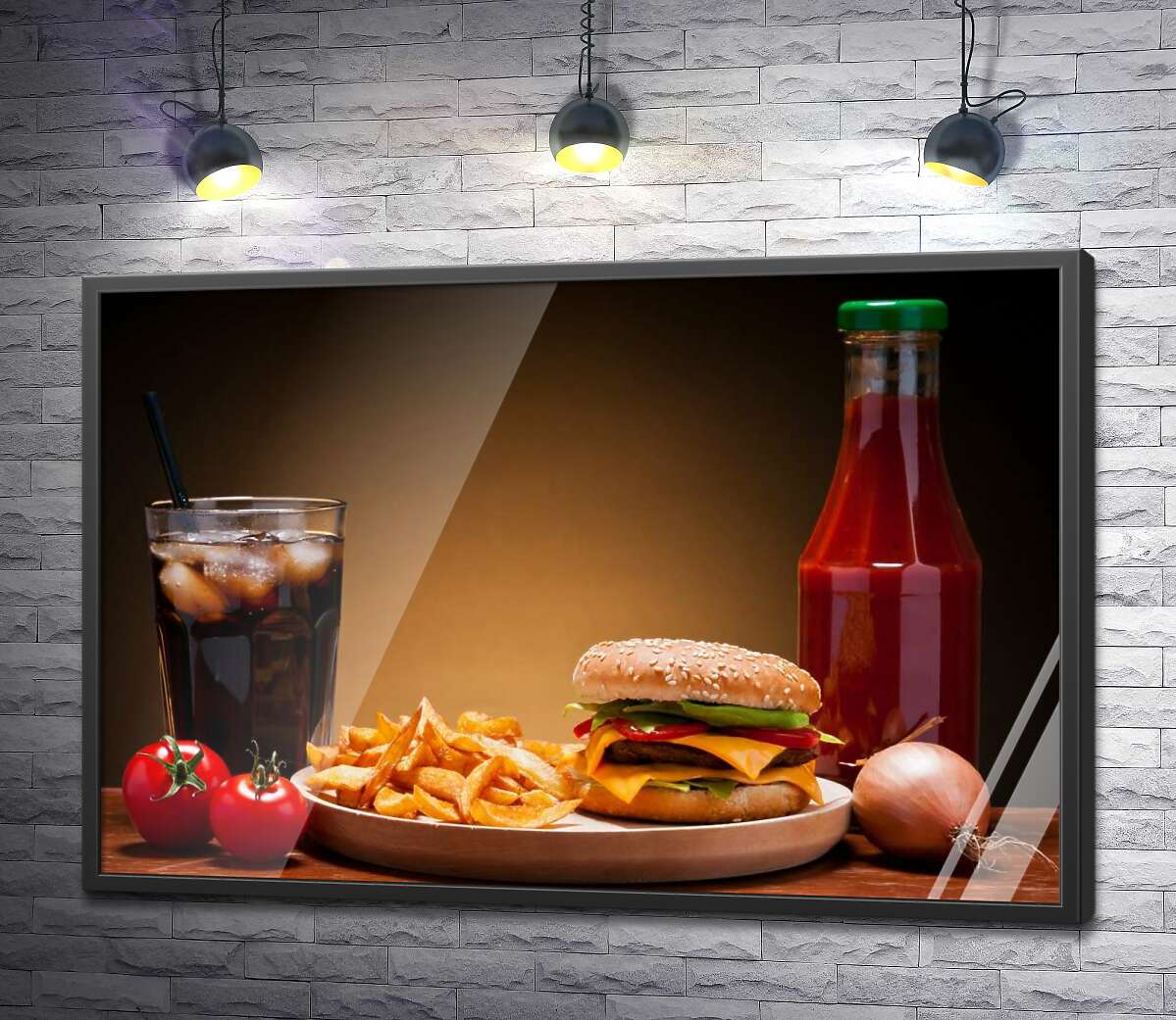 постер Бургер, картофель-фри и кетчуп с холодной Кока-колой (Coca-cola)