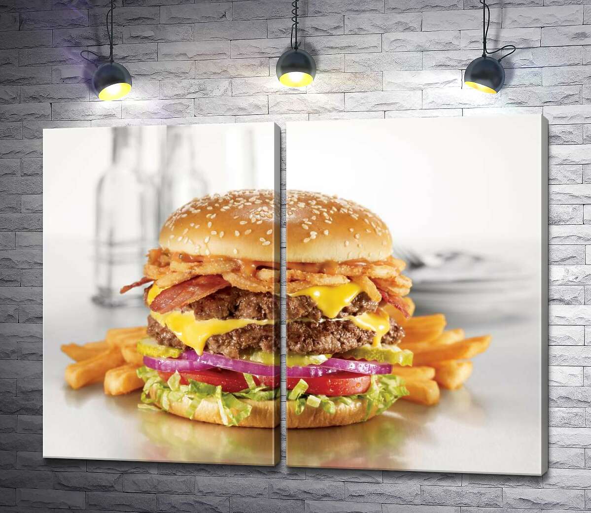 модульная картина Сытный ланч: двойной гамбургер с картофелем-фри