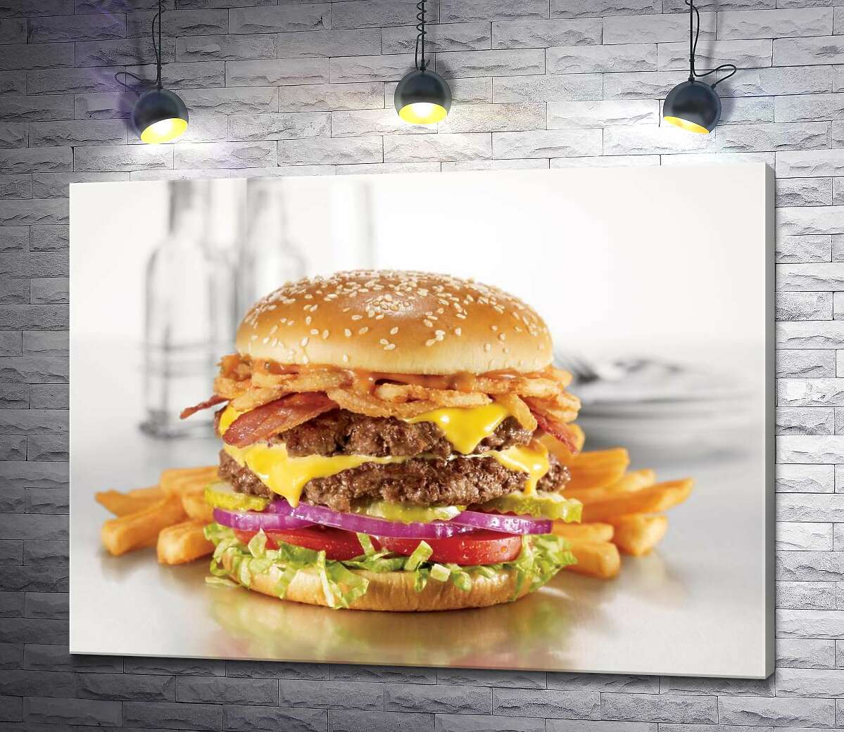 картина Сытный ланч: двойной гамбургер с картофелем-фри
