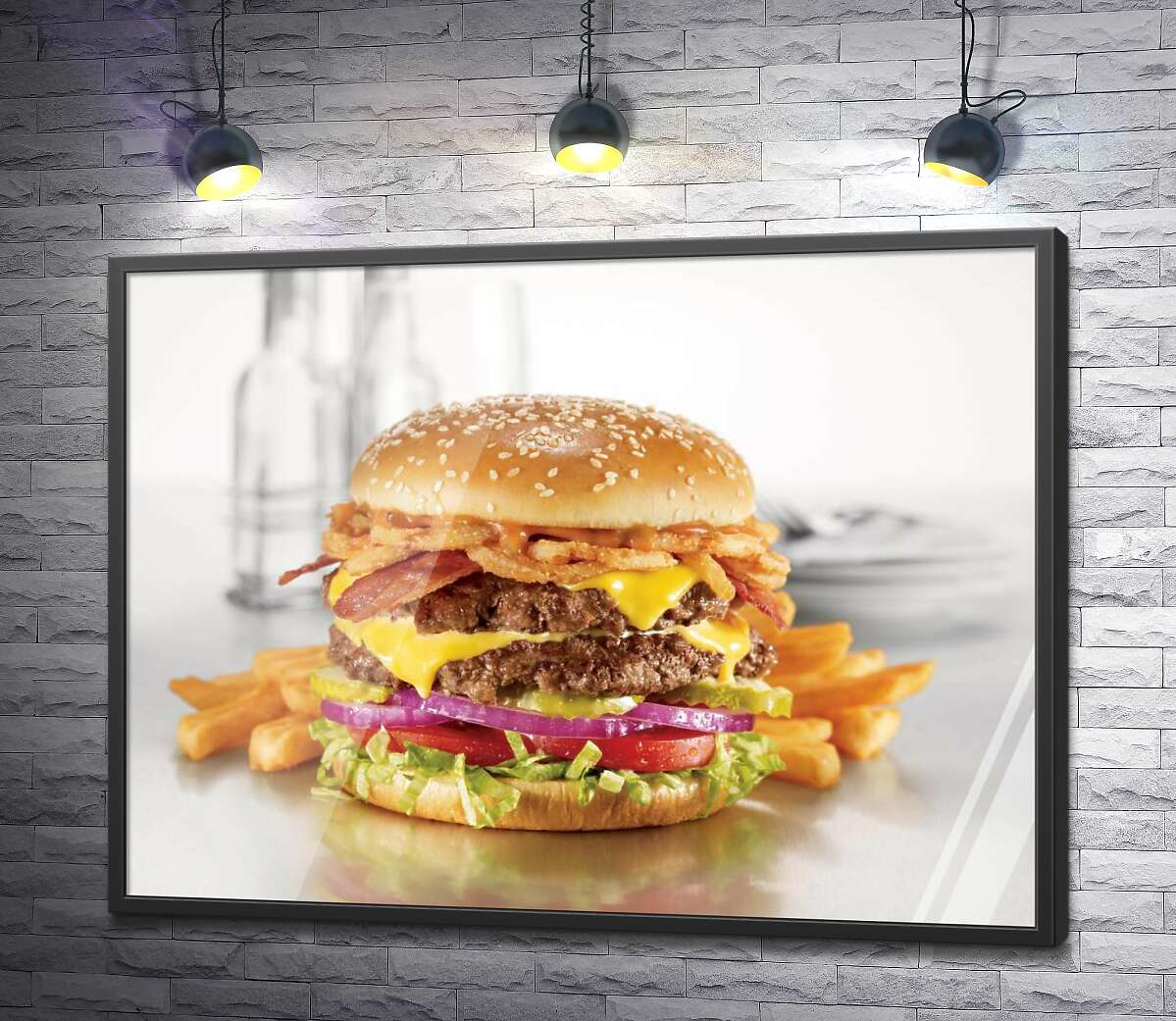 постер Сытный ланч: двойной гамбургер с картофелем-фри