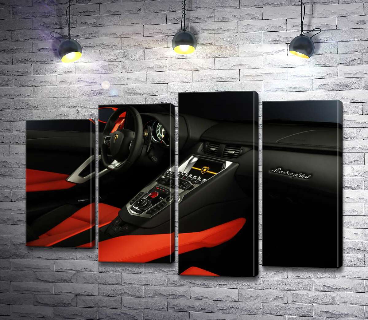 модульная картина Изысканный салон автомобиля Ламборгини (Lamborghini) в красно-черных тонах (Модуль №3)