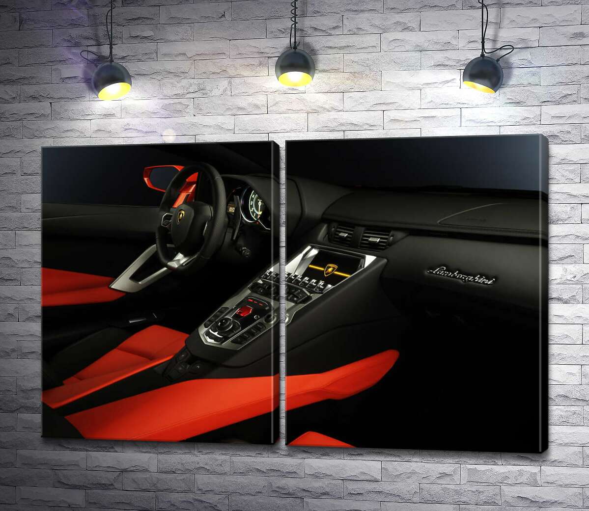 модульна картина Вишуканий салон автомобіля Ламборгіні (Lamborghini) в червоно-чорних тонах (Модуль №6)