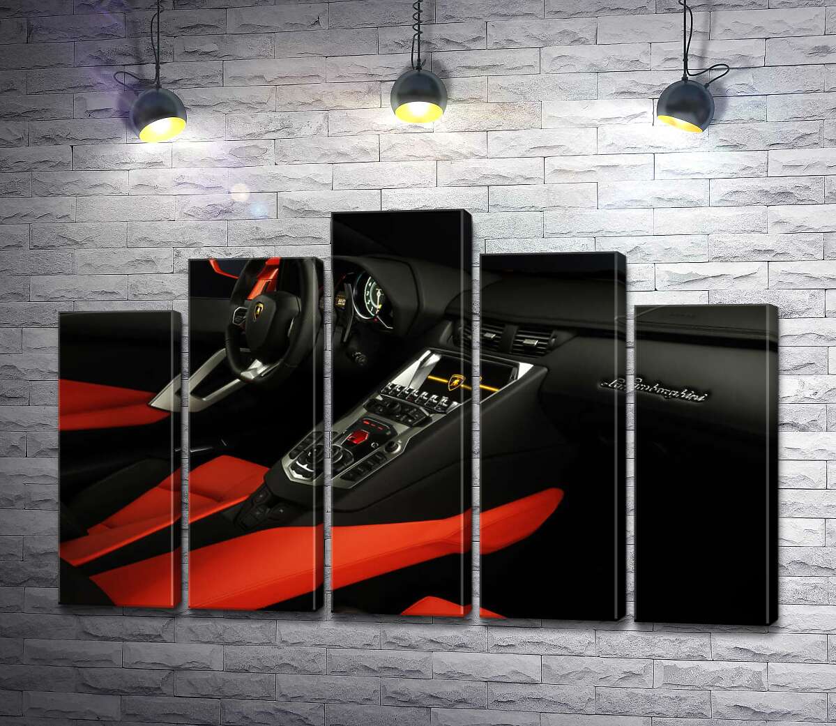 модульная картина Изысканный салон автомобиля Ламборгини (Lamborghini) в красно-черных тонах (Модуль №29)