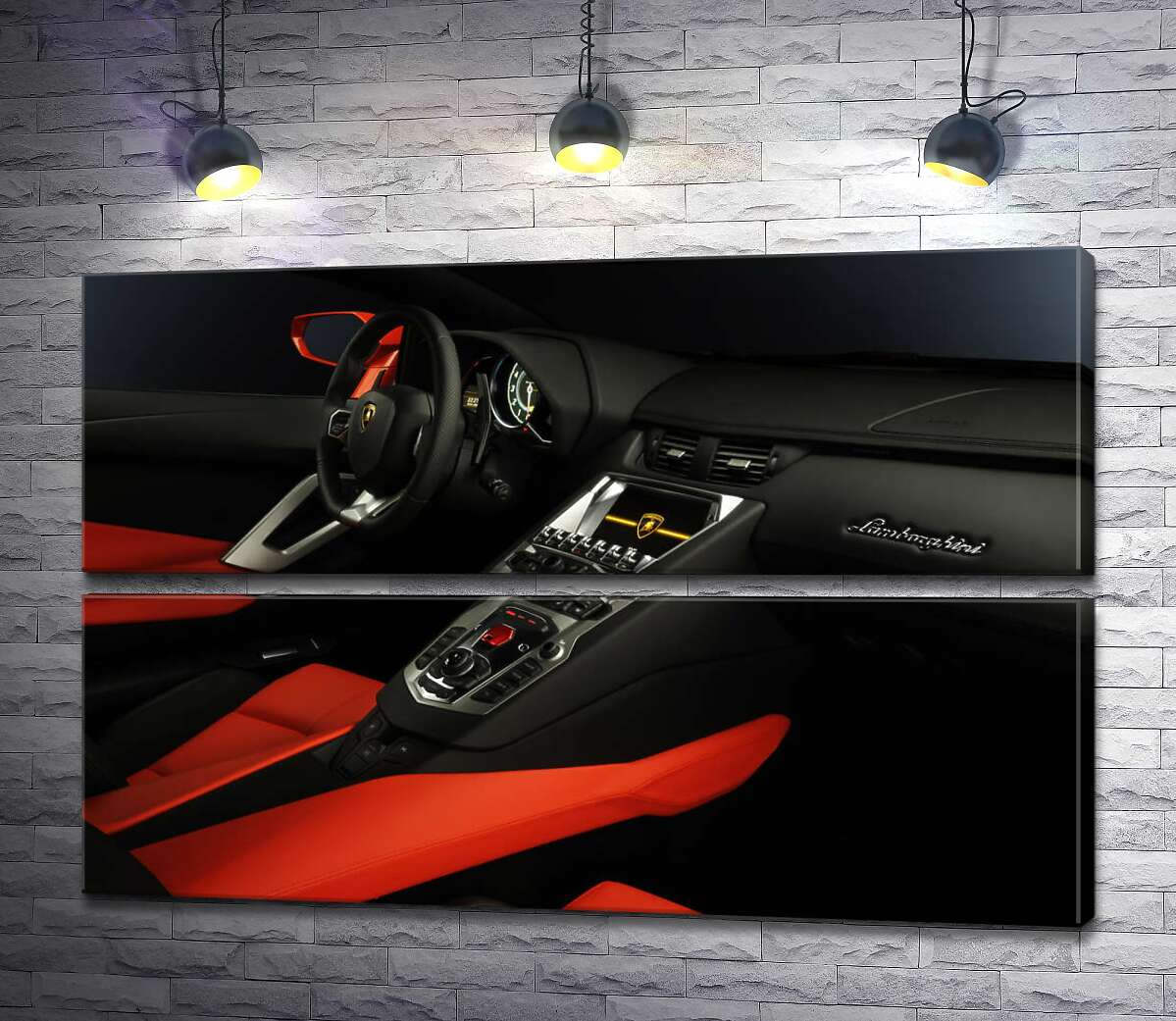 модульная картина Изысканный салон автомобиля Ламборгини (Lamborghini) в красно-черных тонах (Модуль №7)