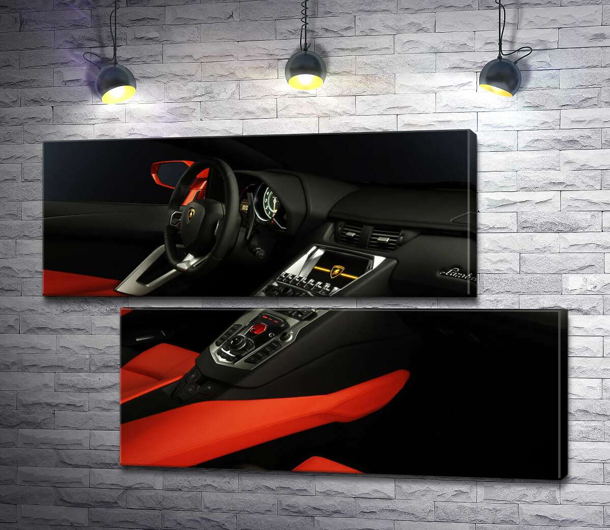 модульная картина Изысканный салон автомобиля Ламборгини (Lamborghini) в красно-черных тонах (Модуль №8)