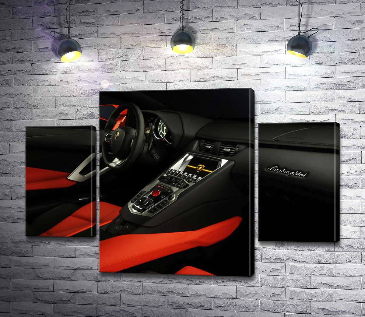 модульная картина Изысканный салон автомобиля Ламборгини (Lamborghini) в красно-черных тонах (Модуль №5)