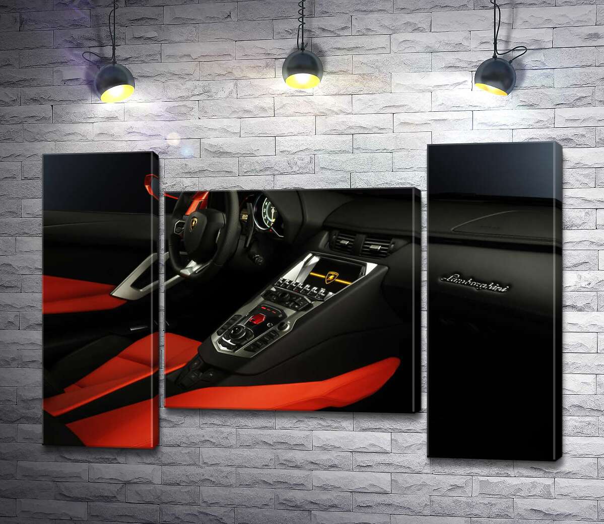 модульная картина Изысканный салон автомобиля Ламборгини (Lamborghini) в красно-черных тонах (Модуль №11)