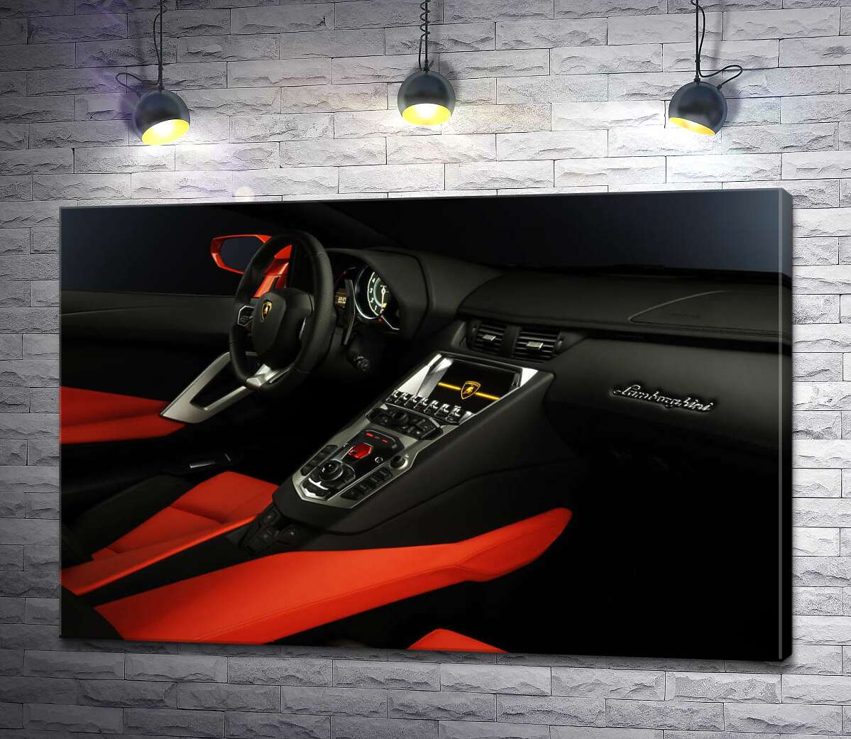 картина Вишуканий салон автомобіля Ламборгіні (Lamborghini) в червоно-чорних тонах