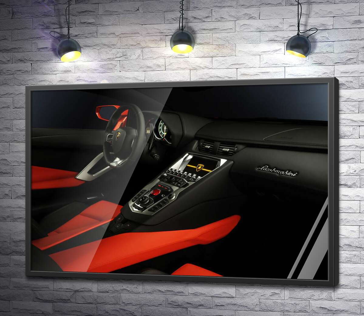 постер Вишуканий салон автомобіля Ламборгіні (Lamborghini) в червоно-чорних тонах