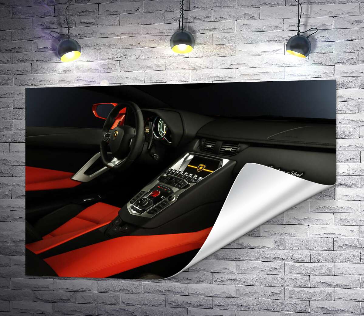 печать Изысканный салон автомобиля Ламборгини (Lamborghini) в красно-черных тонах