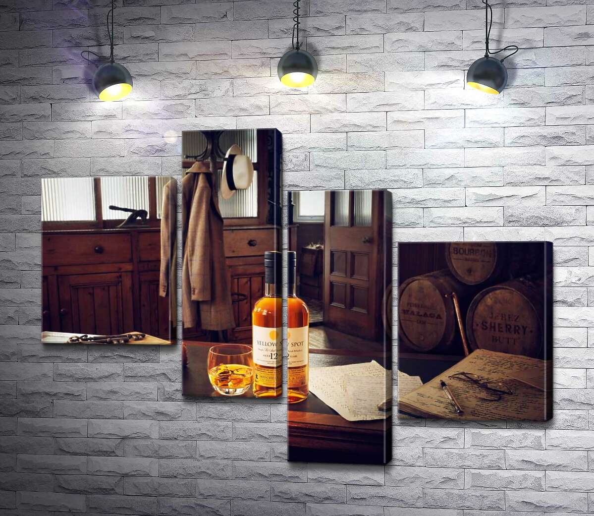 модульная картина Бутылка ирландского брендового виски "Yellow Spot" в атмосферной комнате 20 века (Модуль №21)