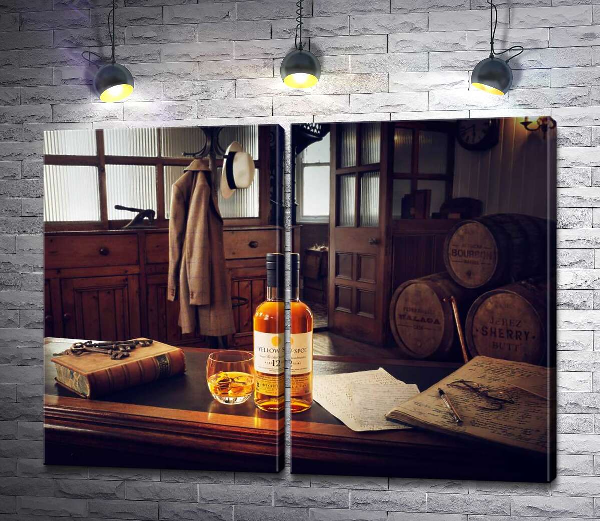 модульная картина Бутылка ирландского брендового виски "Yellow Spot" в атмосферной комнате 20 века