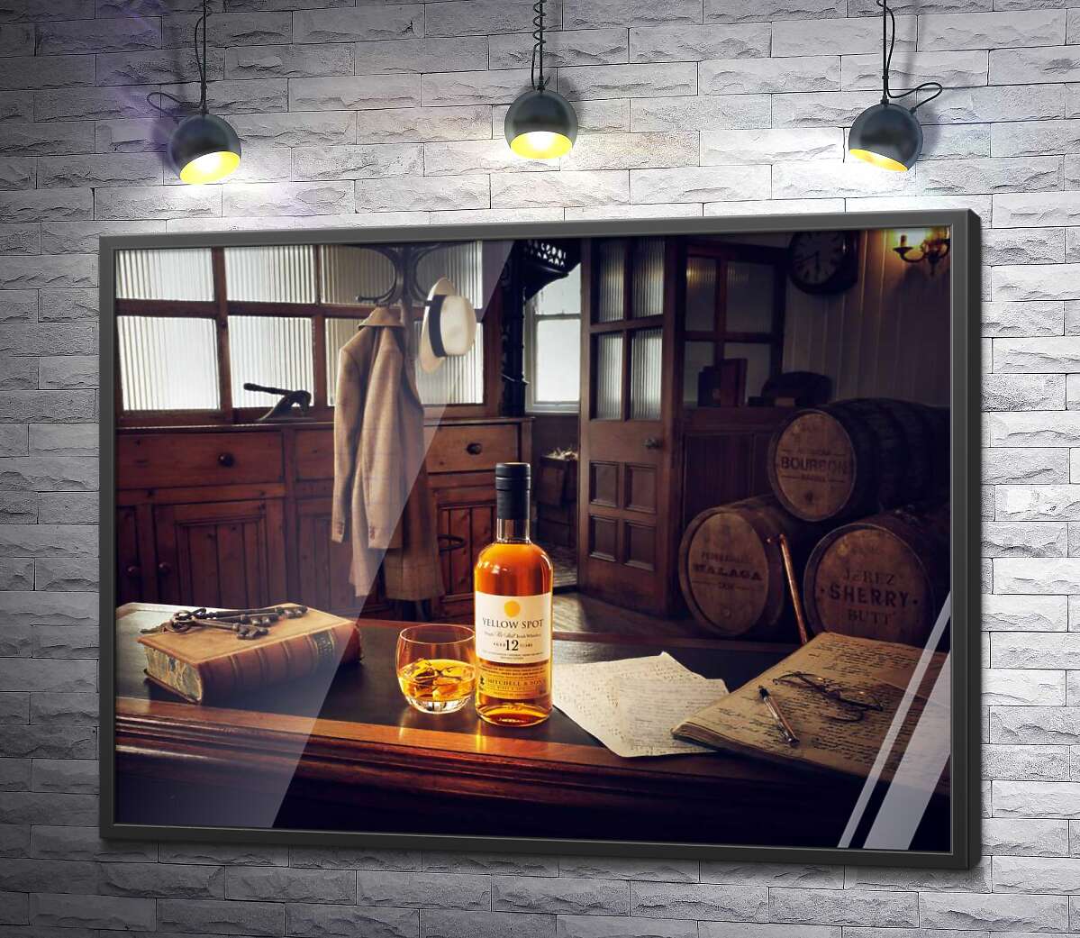 постер Бутылка ирландского брендового виски "Yellow Spot" в атмосферной комнате 20 века