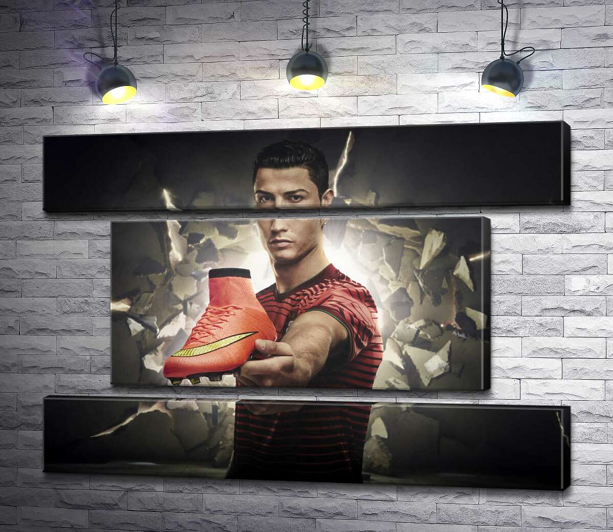 модульная картина Криштиану Роналду (Cristiano Ronaldo) рекламирует футбольные бутсы от фирмы Nike (Модуль №18)
