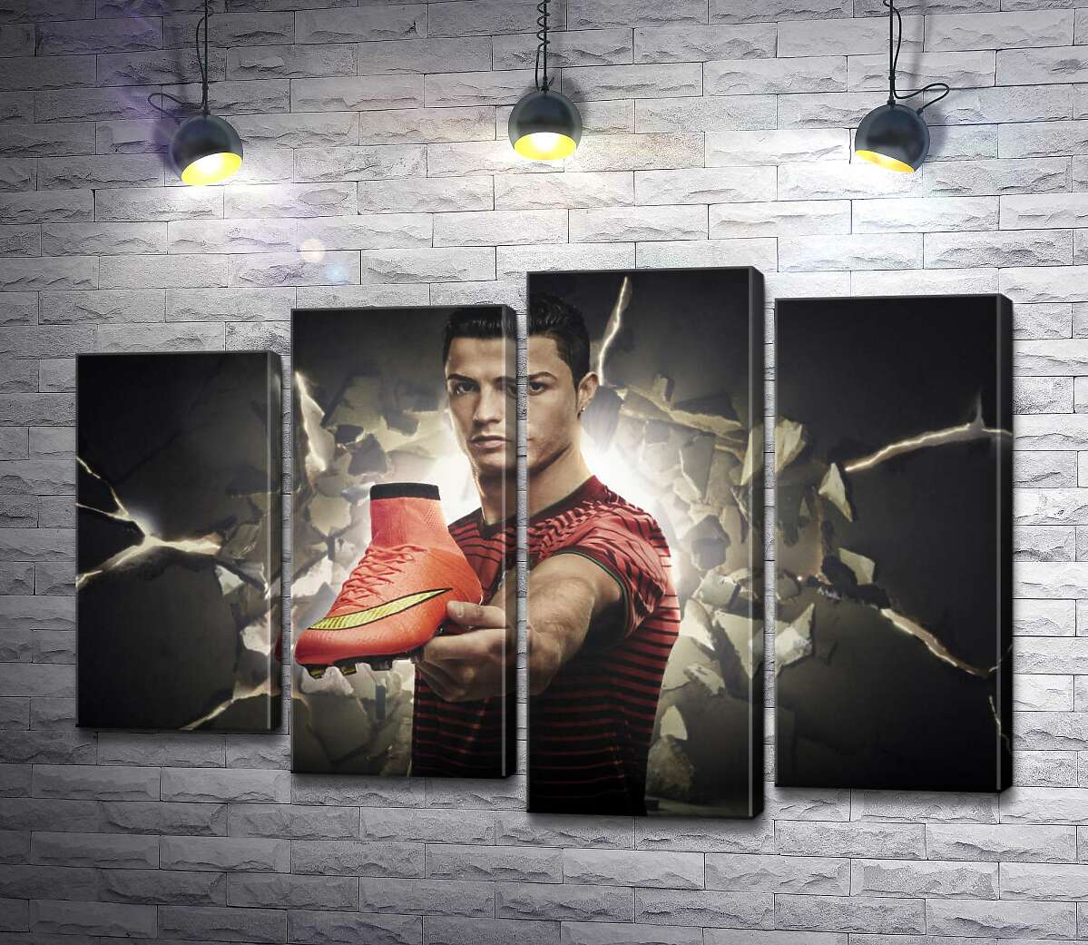 модульная картина Криштиану Роналду (Cristiano Ronaldo) рекламирует футбольные бутсы от фирмы Nike (Модуль №3)