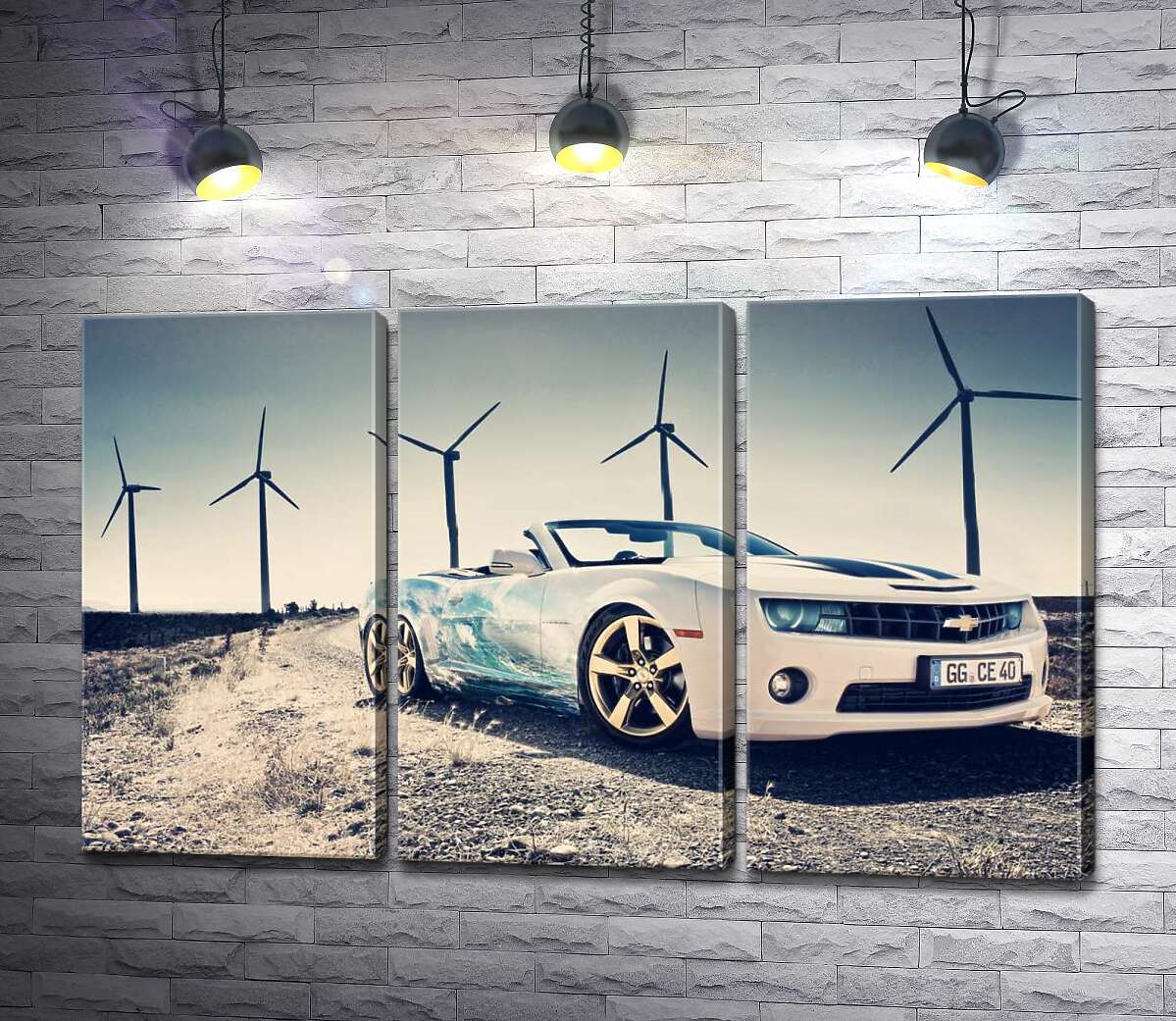 модульная картина Белый автомобиль кабриолет Chevrolet Camaro на фоне ветряных электростанций (Модуль №2)
