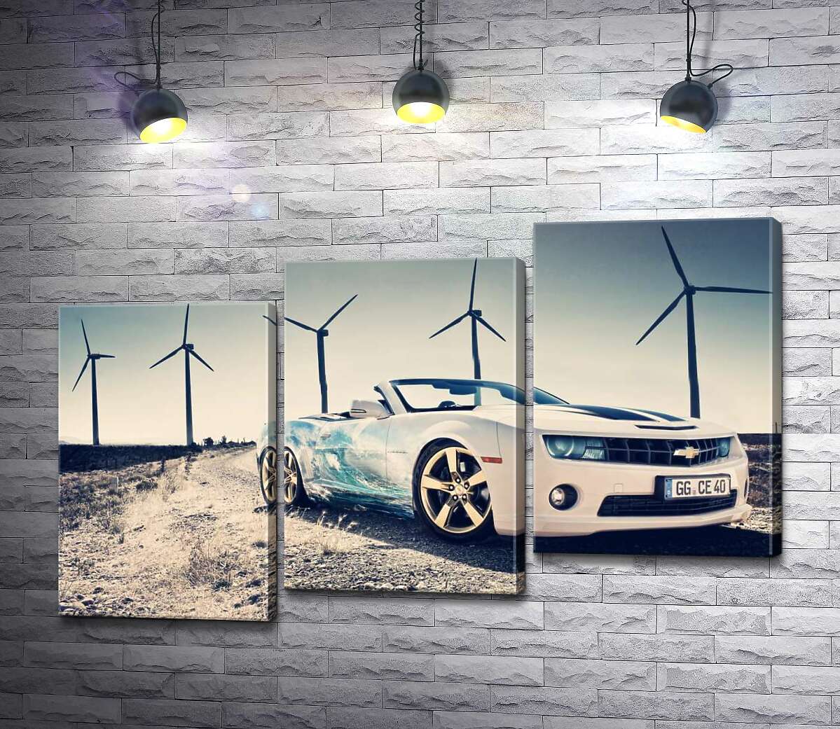 модульная картина Белый автомобиль кабриолет Chevrolet Camaro на фоне ветряных электростанций (Модуль №14)