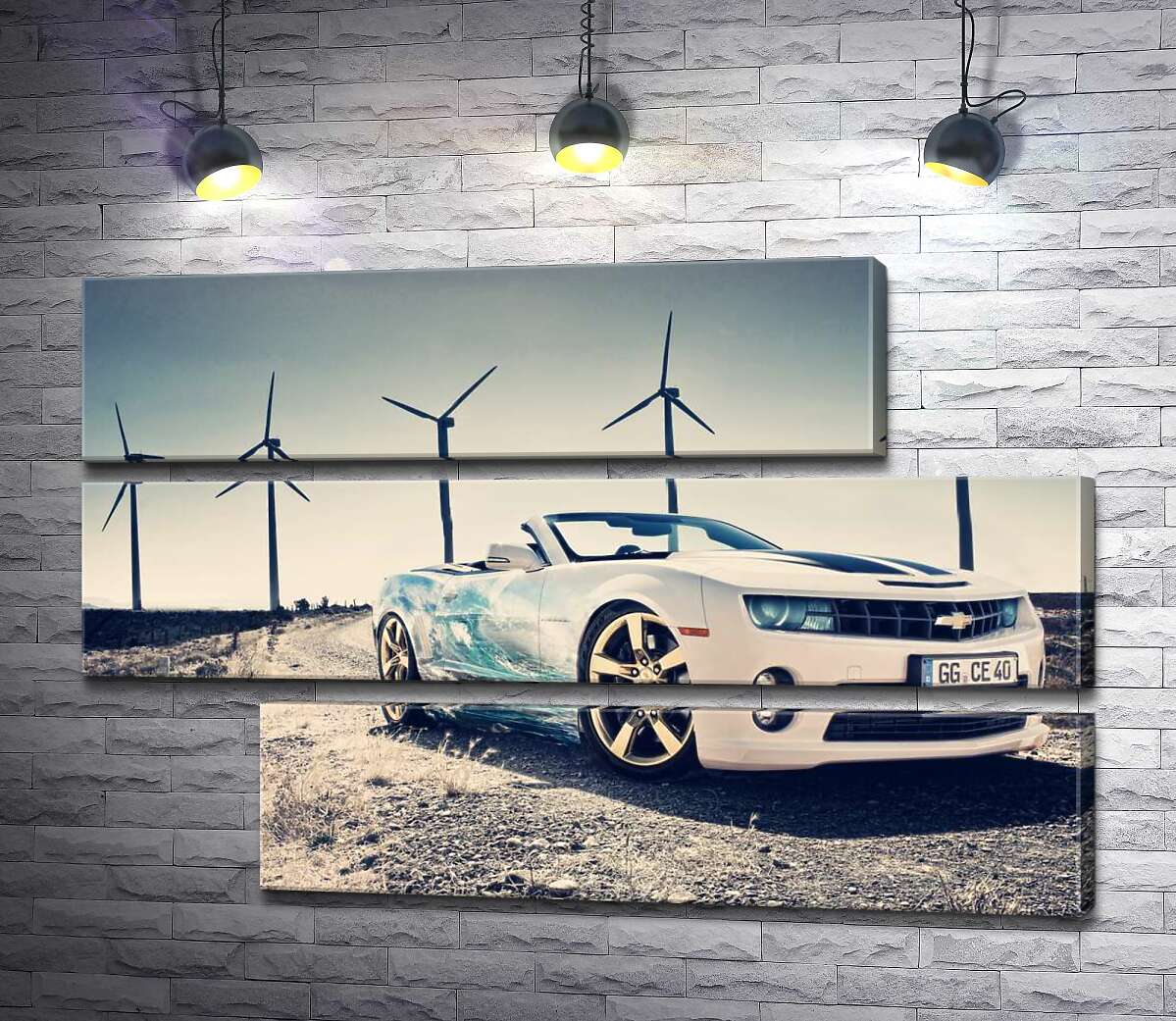 модульная картина Белый автомобиль кабриолет Chevrolet Camaro на фоне ветряных электростанций (Модуль №16)