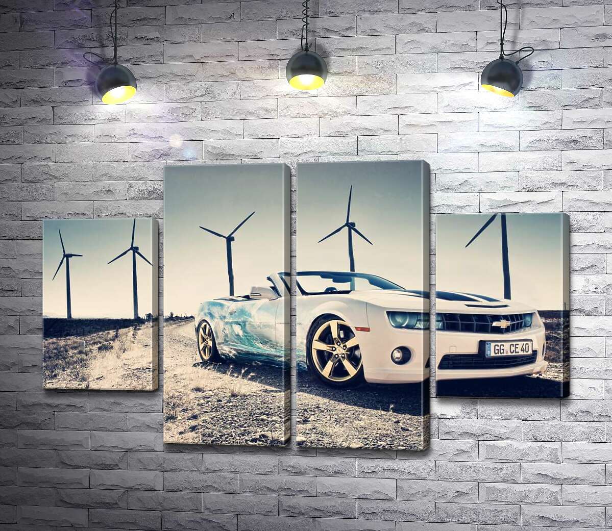 модульна картина Білий автомобіль кабріолет Chevrolet Camaro на фоні вітряних електростанцій (Модуль №20)