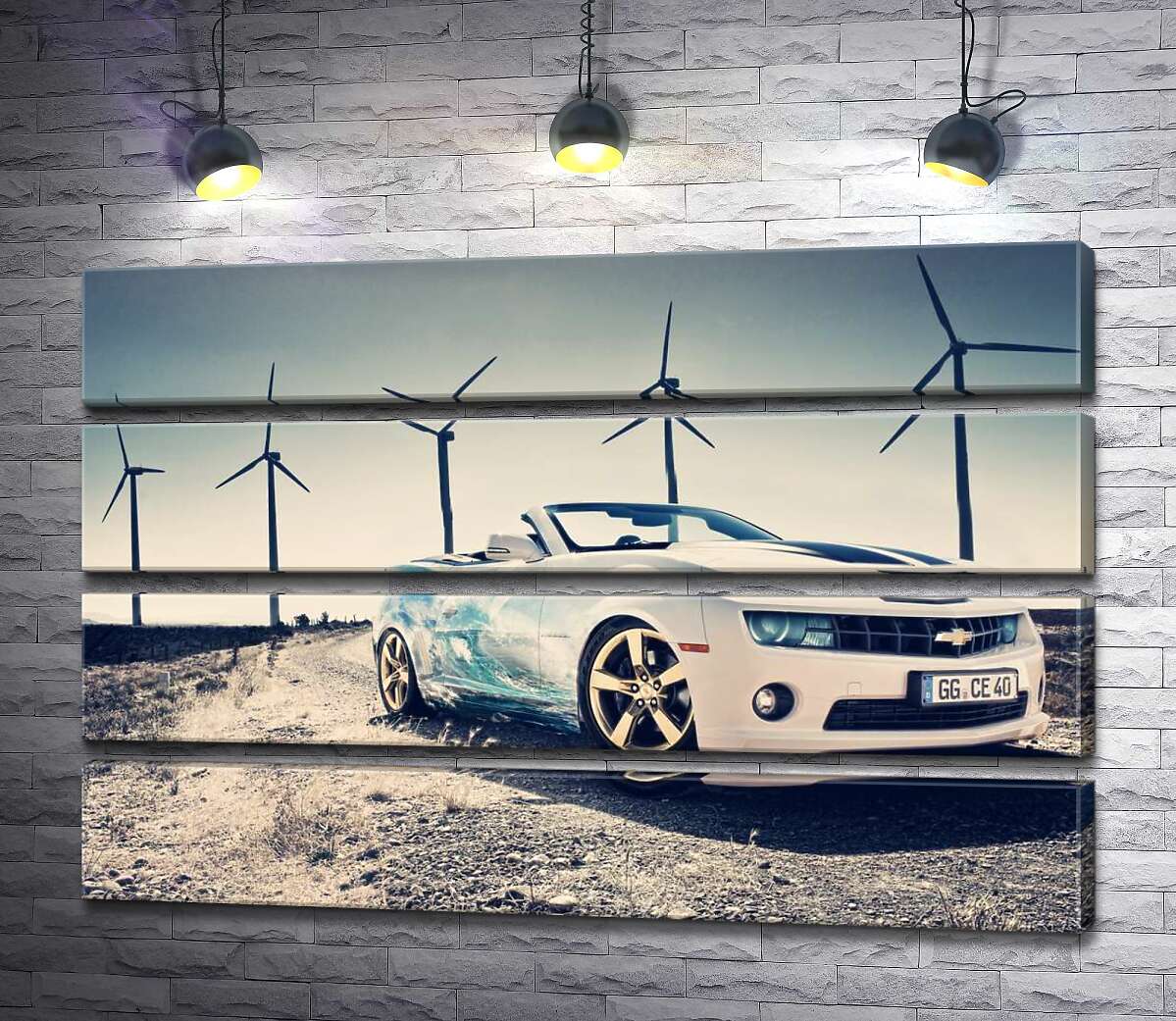 модульна картина Білий автомобіль кабріолет Chevrolet Camaro на фоні вітряних електростанцій (Модуль №22)