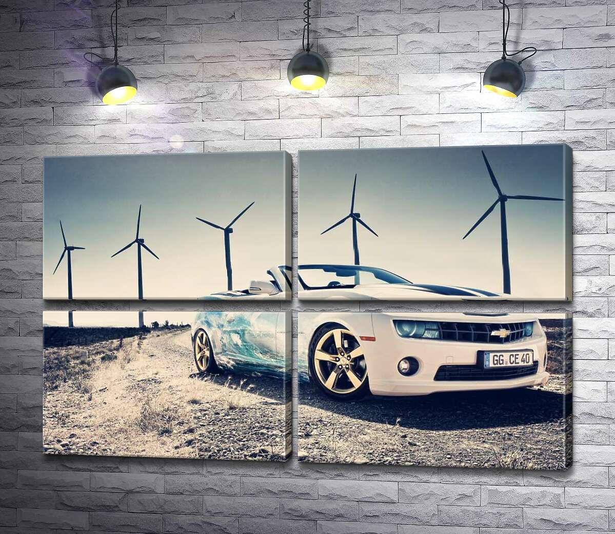модульная картина Белый автомобиль кабриолет Chevrolet Camaro на фоне ветряных электростанций (Модуль №25)