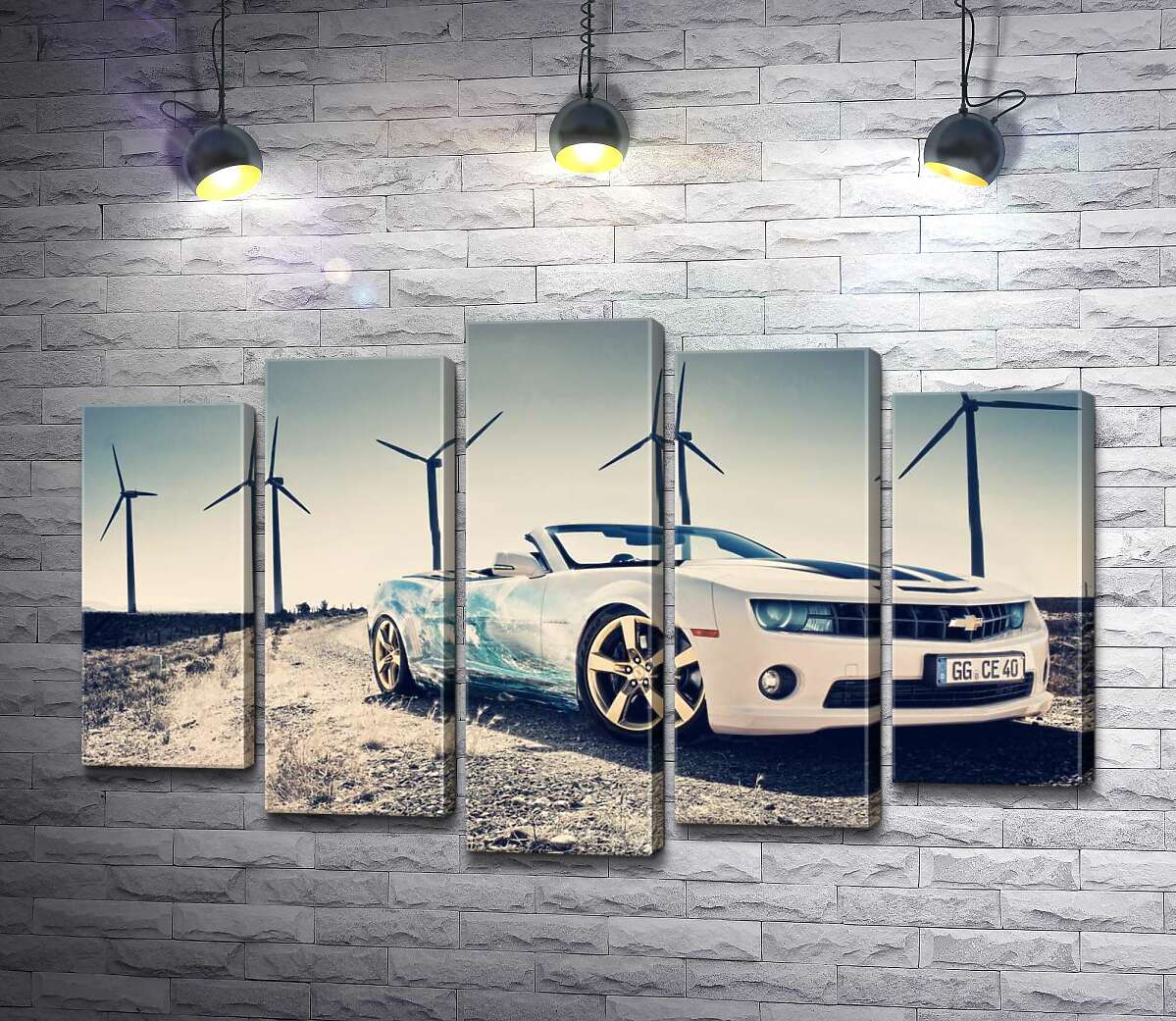 модульная картина Белый автомобиль кабриолет Chevrolet Camaro на фоне ветряных электростанций (Модуль №4)