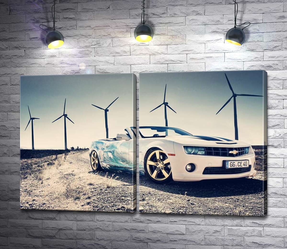 модульная картина Белый автомобиль кабриолет Chevrolet Camaro на фоне ветряных электростанций