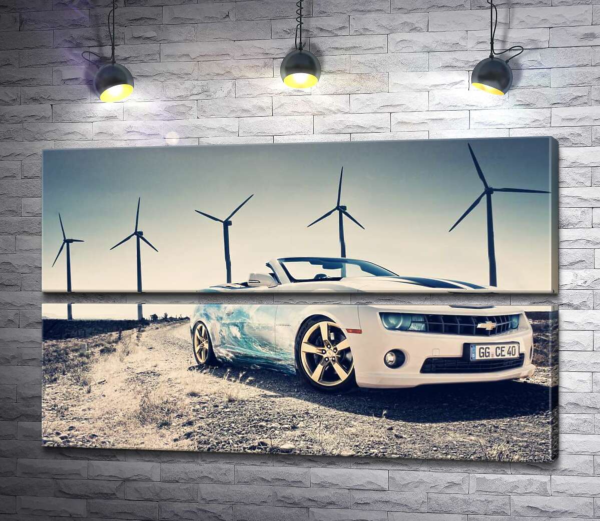 модульна картина Білий автомобіль кабріолет Chevrolet Camaro на фоні вітряних електростанцій (Модуль №7)
