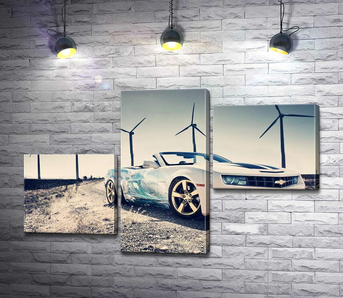 модульная картина Белый автомобиль кабриолет Chevrolet Camaro на фоне ветряных электростанций (Модуль №12)
