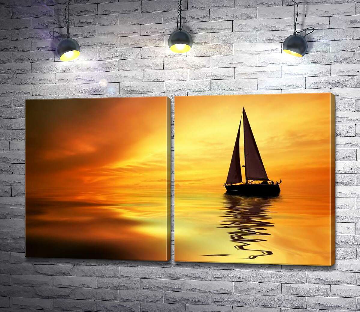 модульная картина Темный силуэт яхты выделяется на оранжевом слиянии моря и неба