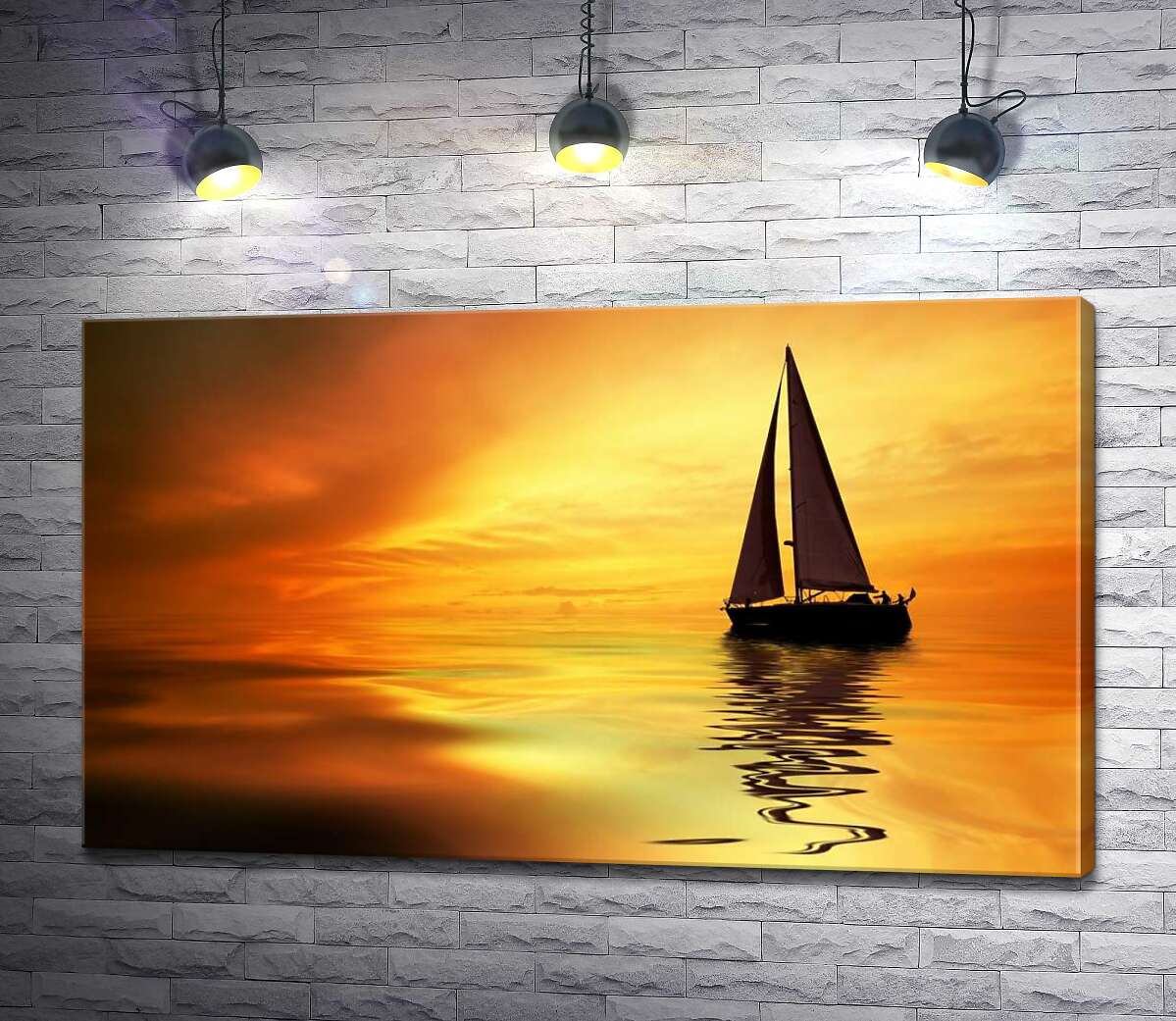 картина Темный силуэт яхты выделяется на оранжевом слиянии моря и неба