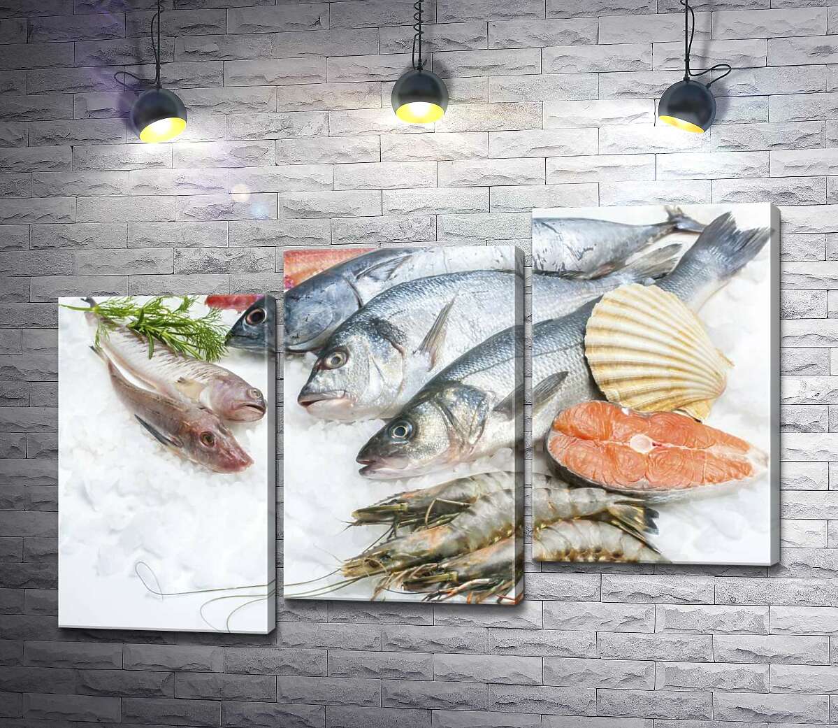 модульная картина Разнообразие морской рыбы и креветок на холоде льда (Модуль №14)