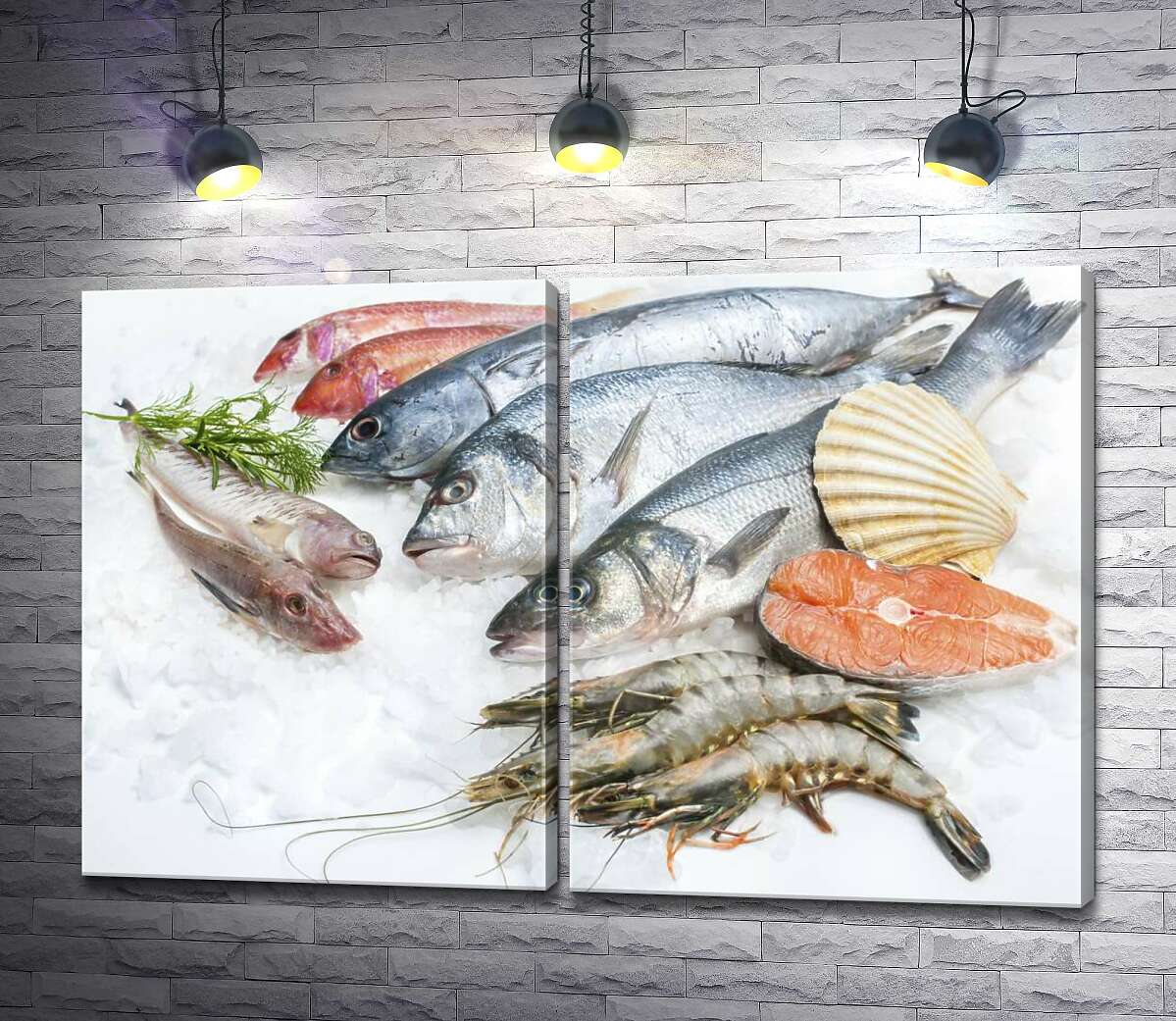 модульна картина Різноманіття морської риби та креветок на холоді льоду