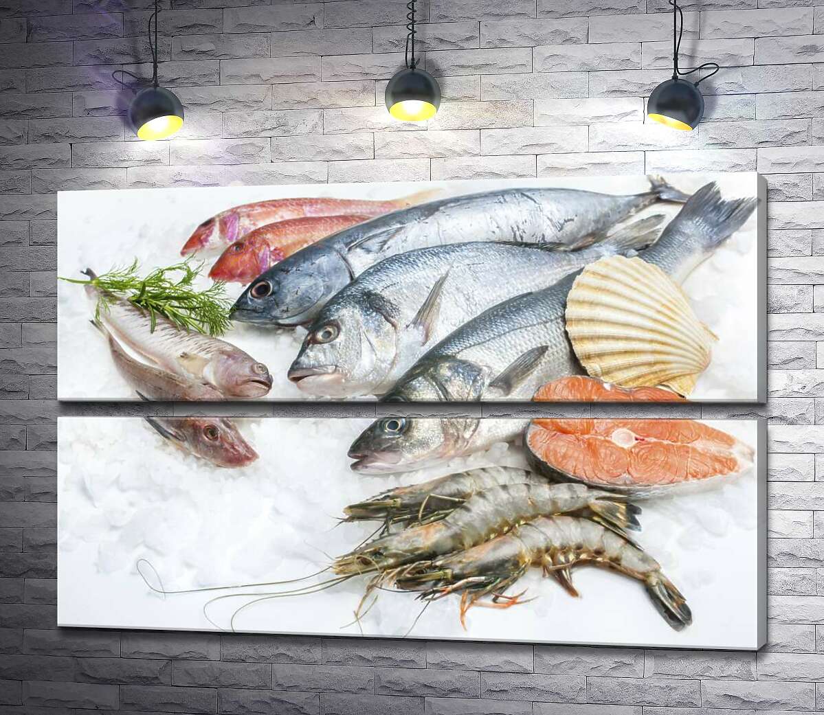 модульная картина Разнообразие морской рыбы и креветок на холоде льда (Модуль №7)
