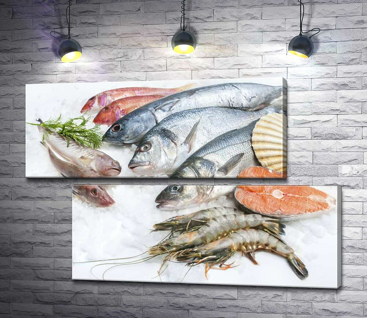 модульная картина Разнообразие морской рыбы и креветок на холоде льда (Модуль №8)