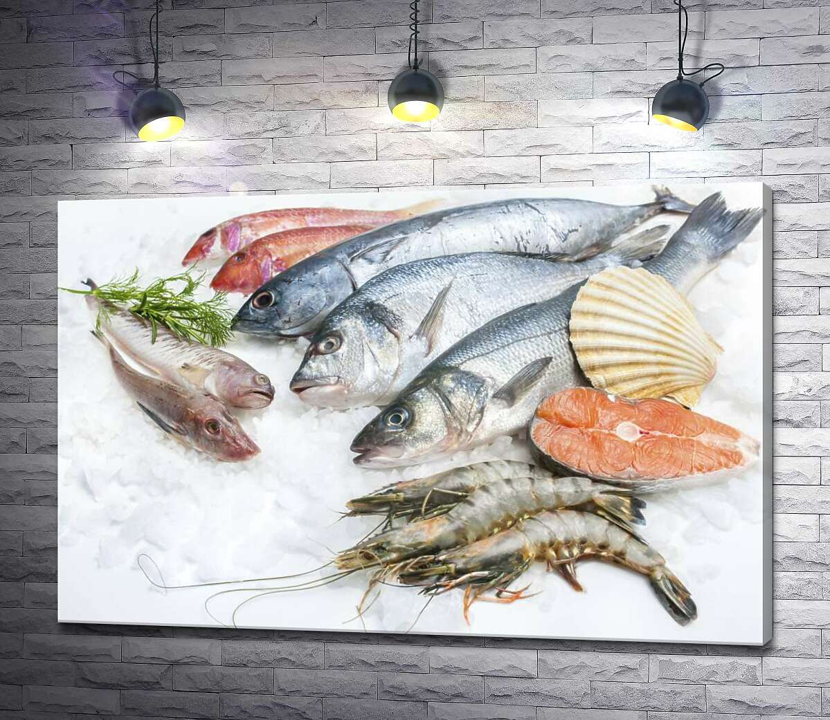 картина Різноманіття морської риби та креветок на холоді льоду
